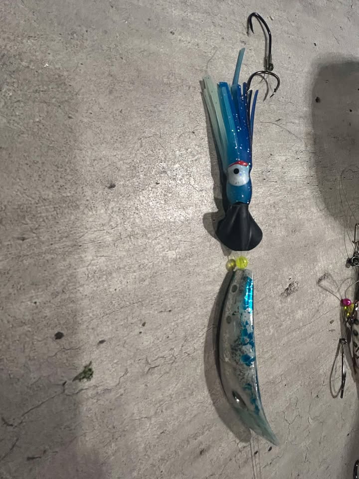 A black Vortaks rotating lure head, getting salmon to bite, with a blue squid skirt attached bait setup for Rouge River salmon.