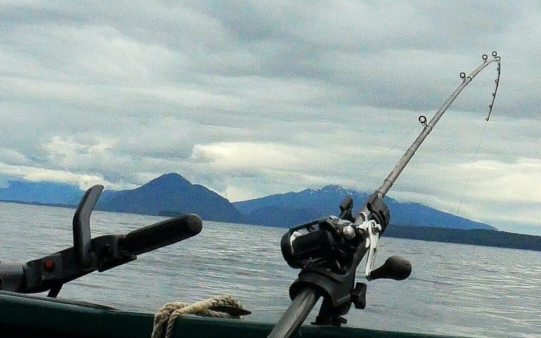 Salmon trolling gear in cold, tidal Southeast Alaska water