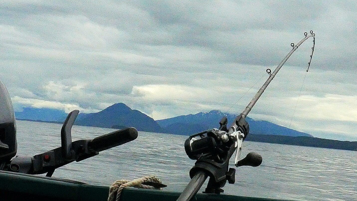 Salmon trolling gear in cold, tidal Southeast Alaska water