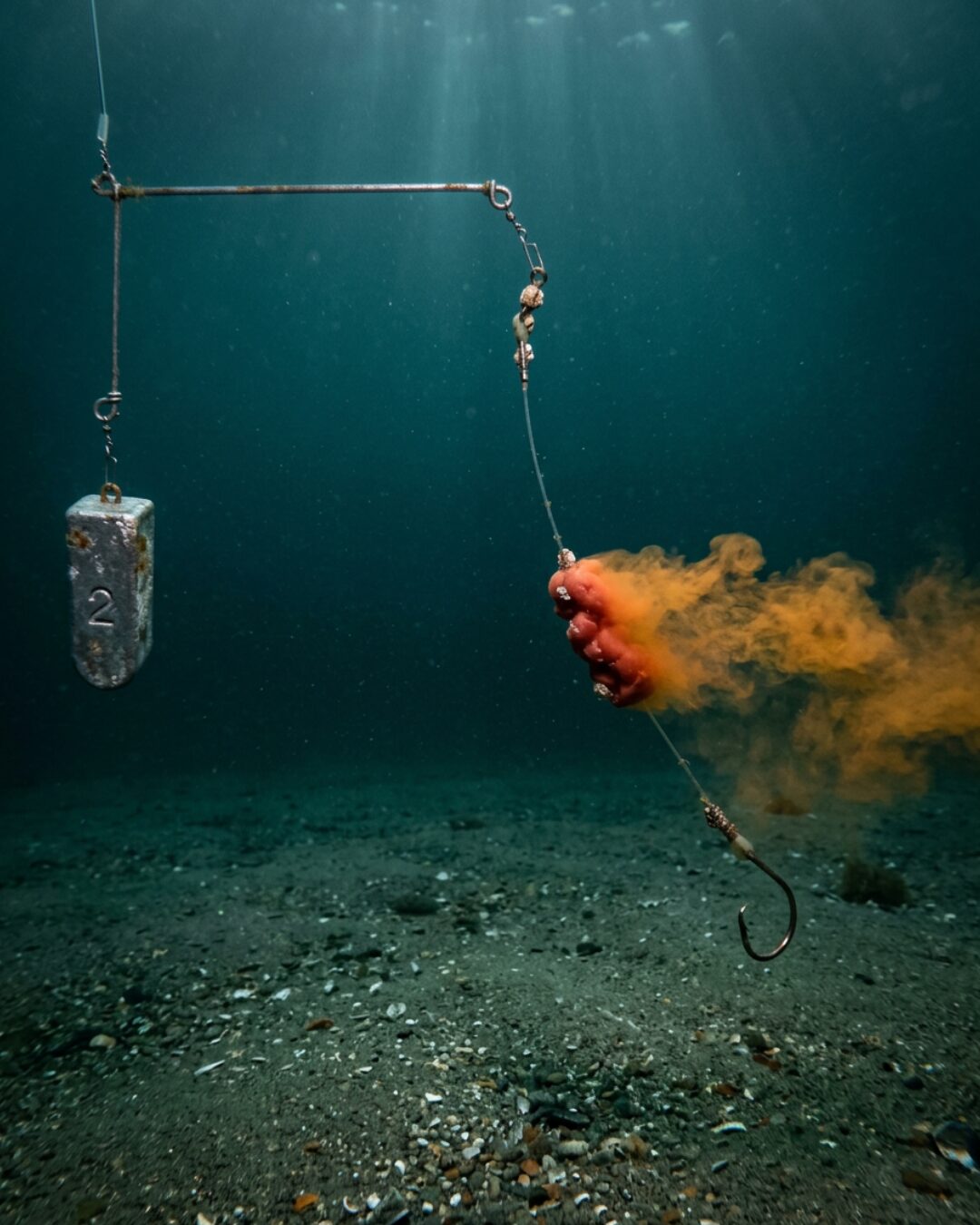 Scent Striker Magnum Halibut Rig with scent trail reaching hungry Alaska halibut