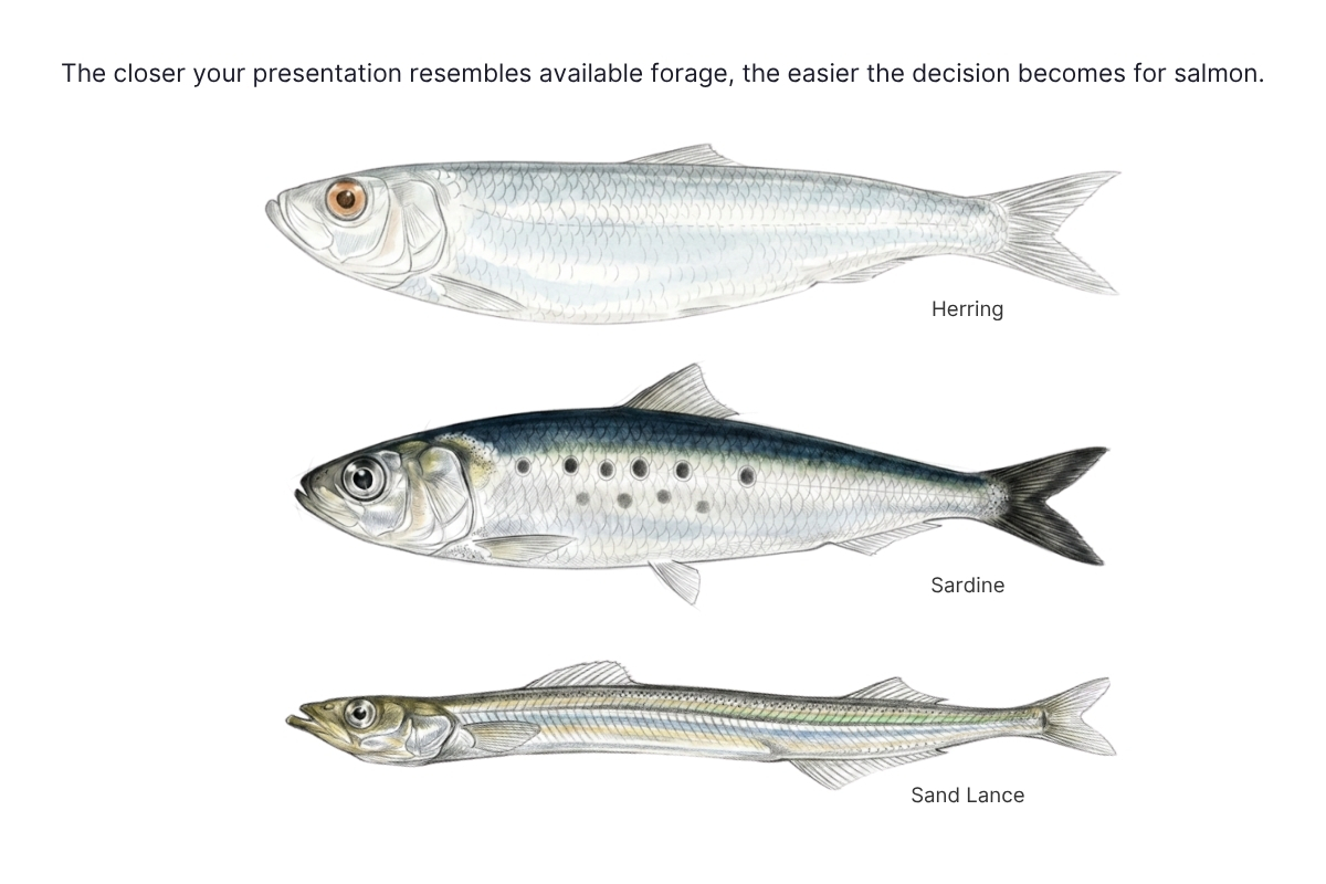 Illustration comparing three common West Coast baitfish species: a herring, a sardine, and a sand lance, displayed on a light gray background. A headline at the top reads, “The closer your presentation resembles available forage, the easier the decision becomes for salmon.”